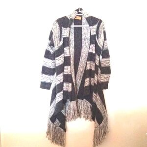 Katsumi Women's Grey Striped Marled Waterfall Open Cardigan with Fringe